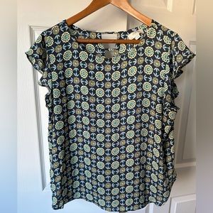 Blue / Yellow / White Patterned Ann Taylor LOFT Short Sleeve Blouse — LP